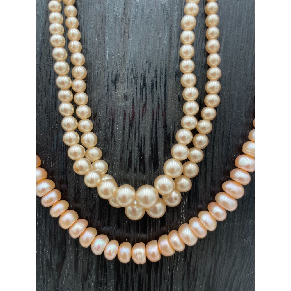 2 Strands Faux Freshwater Pearl Necklace Ornate Clasp  Cream & Peach Tones